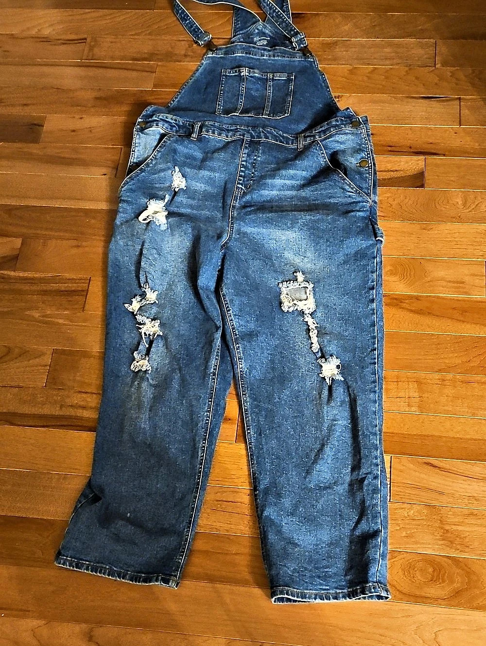No Boundaries Women's Distressed Denim Overalls Blue